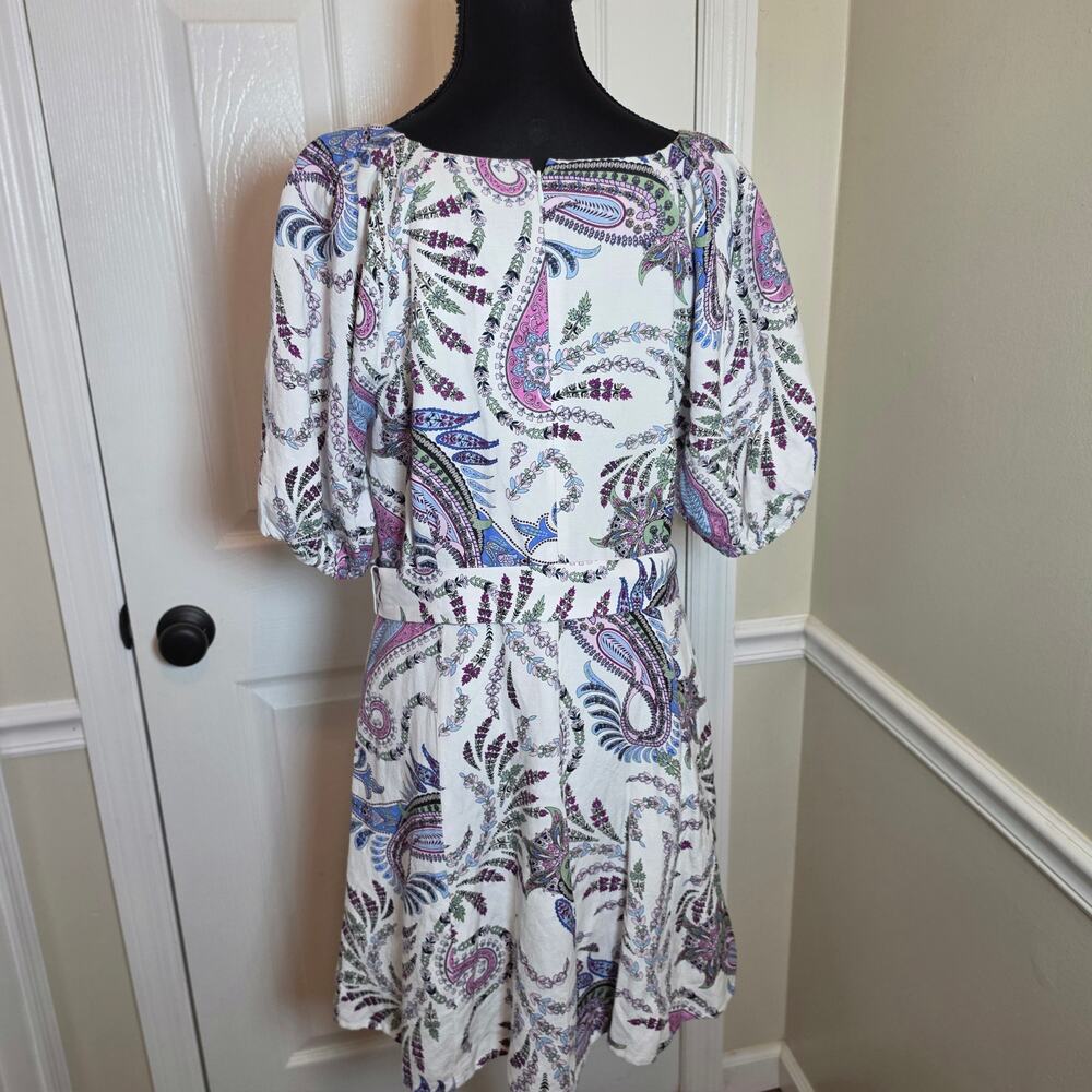 LOFT Women's Size 10 Purple White Paisley Linen Blend Beted Puff Sleeve Dreess - Picture 6 of 8
